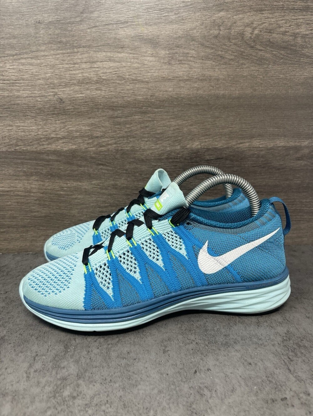 Nike Flyknit Lunar 2 Womens Size 7 Blue Aqua Volt Lunarlon Running Shoes 620658
